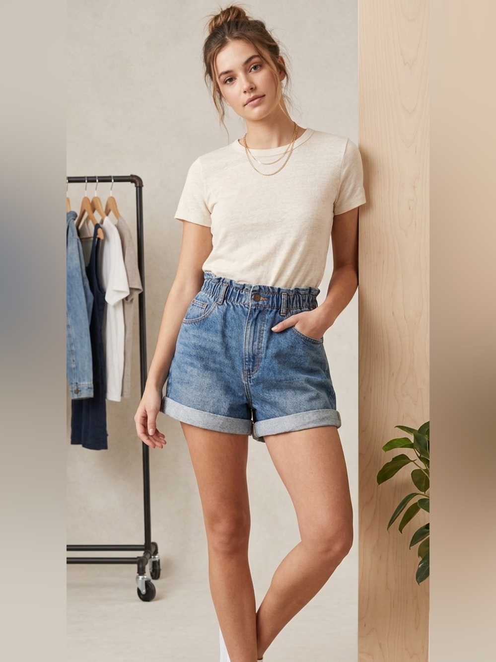Unbranded High Waisted Paperbag Denim Shorts Medium Wash Cuffed Blue Size S